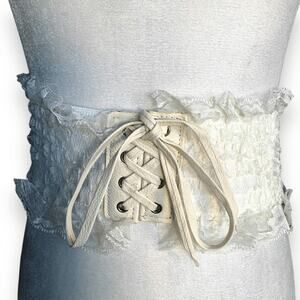 Yik Fung Vintage Y2K Cream Lace Corset Belt Leather Accents Statement